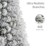 Puleo International 6.5ft Pre-Lit Flocked Portland Pine Pencil Christmas Tree with 300 Clear Lights, 410 Realistic Dense Snow Flocked Branch Tips, Easy Setup Artificial Trees with Sturdy Metal Stand