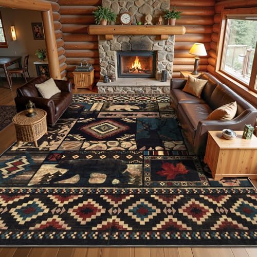 LOKHOM 8x10 Rustic Bear Area Rug, Washable Southwestern Lodge Cabin Rug