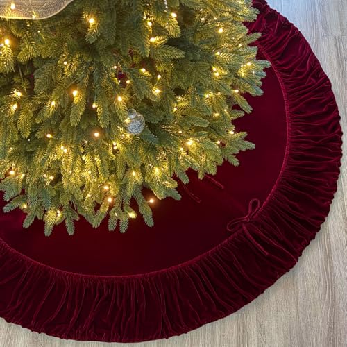 Ruffled Velvet Christmas Tree Skirt with Foam Padding, Nylon Backing and Lace-Up Tie Closure (Burgundy, 72-Inch)