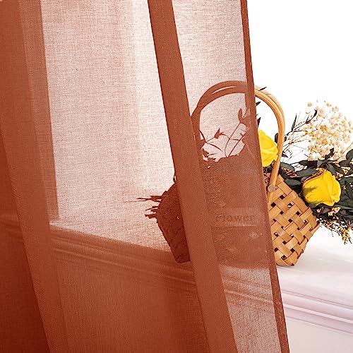 MIULEE Terracotta Linen Textured Sheer Curtains 2 Panels for Bedroom/Living Room Semi Transparent Voile Drapes Rust Boho Orange Rustic Fall Decor Window Panels Rod Pocket, W 54 x L 84 Inches Long