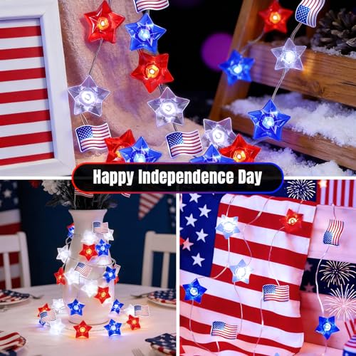 LAMPHOME Red White and Blue Patriotic String Lights, 16FT 50 LED 4th of July Decorations Battery Operated Fairy Lights with 8 Functions &Timer for Independence Day Memorial Day Home Decor