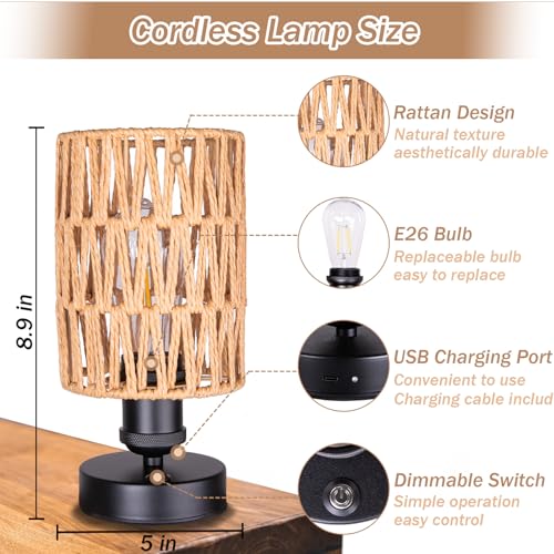 Cordless Rechargeable Outdoor Table Lamps, Battery Operated Table Lamp, Stepless Dimmable for Patio, Living Room, and Bedroom (Bulb Included) - Set of 2 (Beige)
