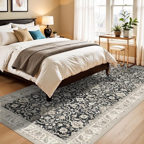 4x8 Rug Runner Non Slip: Washable Area Rugs for Wide Hallway - Soft Vintage Farmhouse Runners for Kitchen Bedroom Dining Room Living Room Entryway - Stain Resistant Low-Pile Thin Carpet Black Beige