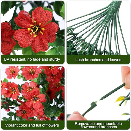 INSPRING Artificial Faux Outdoor Outside Flowers Plants, 2 PCS Fake Silk UV Resistant Look Real Red Daisy Trailing Vines for Front Door Porch Planter Urn Patio Balcony Decoration