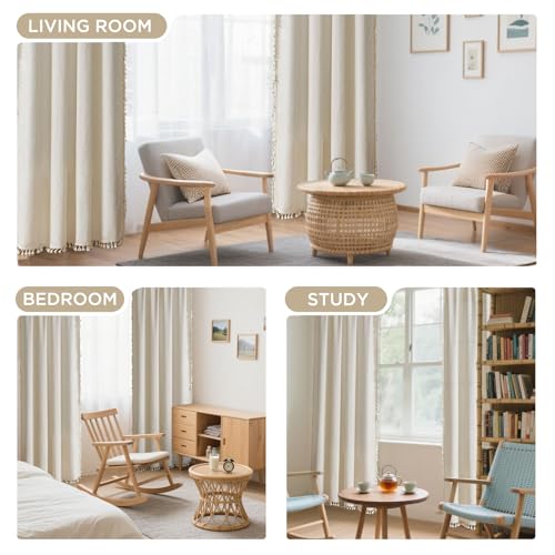 Joydeco Natural Linen Beige Boho Curtains - 84 Inch Length 2 Panels, Super Soft Bohemian Farmhouse Curtains with Tassels, Semi Sheer Light Filtering Drapes for Bedroom & Living Room