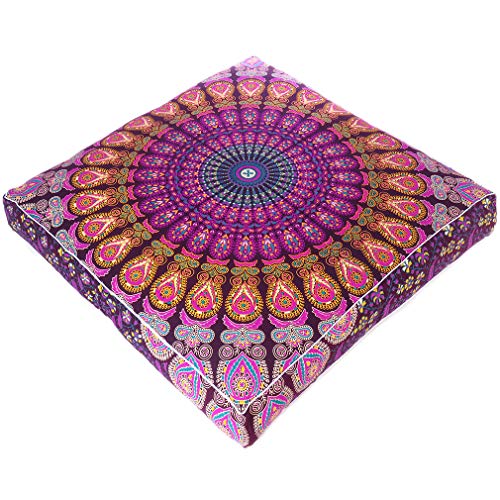 Mandala Floor Pillow Cover Meditation Cushion Seating Throw Hippie Round Colorful Decorative Bohemian Indian Pouf Ottoman Handmade Cover ONLY (Purple 2, 35" x 35")
