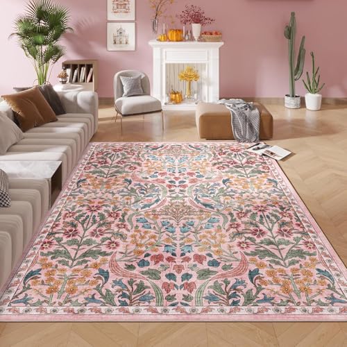 5x8 Washable Area Rug Pink Boho Floral for Living Room Bedroom Nursery