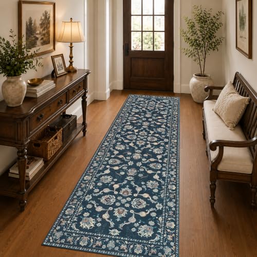 jinchan 3x10 Traditional Floral Rug, Washable Rug Runner, Midnight Blue