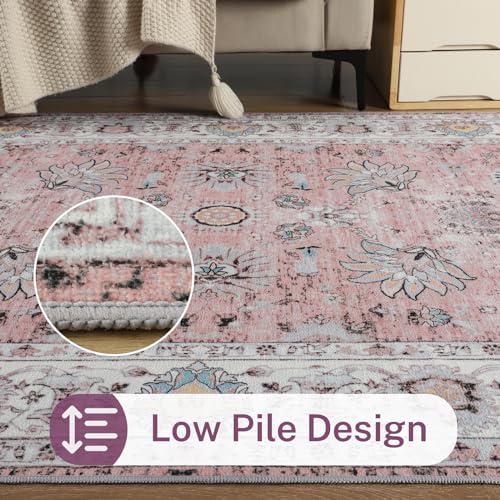 Machine Washable Rug 4x6 Boho Area Rug, Pink Rugs for Bedroom Girls Bedside Living Room Dining Room Office, Anti Slip Low-Pile Stain Resistant Printed Vintage Floral Carpet Rugs