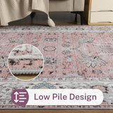 Machine Washable Rug 4x6 Boho Area Rug, Pink Rugs for Bedroom Girls Bedside Living Room Dining Room Office, Anti Slip Low-Pile Stain Resistant Printed Vintage Floral Carpet Rugs