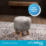BIRDROCK HOME Small Faux Fur Foot Stool Ottoman – Upholstered Vanity Chair with Natural Wood Legs - Soft Compact Padded Seat or Accent Chair for Makeup Room, Living Room or Bedroom (Silver)