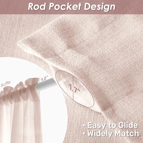 Melodieux Pink Sheer Curtains with Tiebacks - 84 Inches Long for Living Room, Rod Pocket, Linen Look Shiny Texture, Semi Sheer Light Filtering Curtain Drapes for Bedroom, 52" W x 84" L, 2 Panels