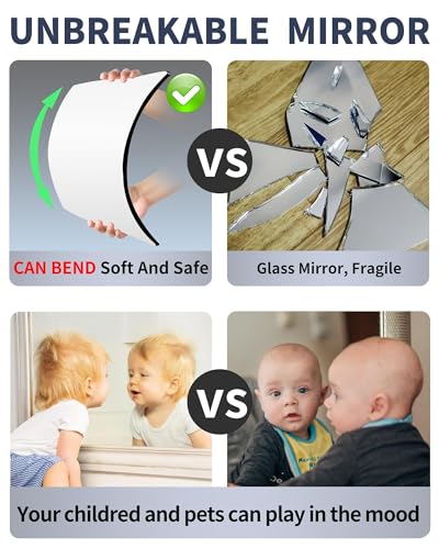 Unbreakable Mirror for Wall, Full Body Mirror for Kids, 4Pack 10 x10 inch, Shatterproof Plexiglass Long Mirrors Fores Bedroom Closet, Children Plastic Mirrors Non Glass Stick on Mirro