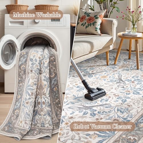 Boho Kitchen Runner Rugs Non Skid Washable, Floral Hallway Runner Rug 8 ft, Soft Flower Botanical Indoor Throw Carpet for Entry Entrance Bedroom Bedside Laundry Room, Beige