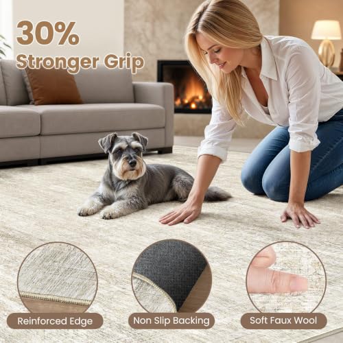 9x12 Area Rug for Living Room, Abstract Washable Carpet, Pale Beige