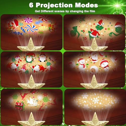 10" Christmas Tree Topper Projector with 6 Projection Modes, Built-in LED Rotating Light, 3D Glitter Dynamic Projector Light Up Tree Topper Star for Xmas Holiday Party Decorations Gifts (Gold)