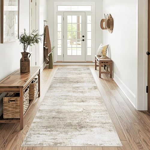 Washable 2x6 Runner Rug for Hallway: Kitchen Runner Non Slip Neutral Soft Abstract Modern Low Pile Stain Resistant Carpet Runner for Bedroom Beside Entryway Bathroom Laundry Indoor (Beige, 2'x6')