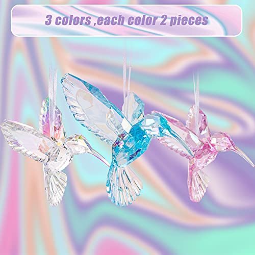 6 Pieces Hummingbird Ornaments Acrylic Hummingbird Figurines Large Crystal Pendants Shiny Iridescent Purple, Blue and Clear Bird Decoration