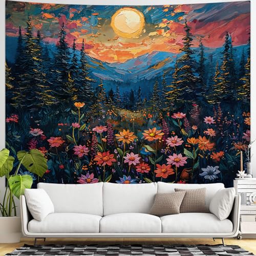 kampdream Landscape Tapestry, Scenery Art Wall Tapestries, Nature Wall Decor for Bedroom Living Room Backdrop Sunset Wildflowers 36×48 inches