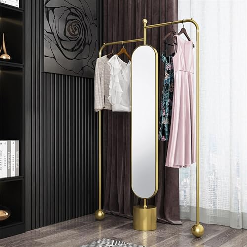 Decorative Rotating Bedroom Floor-Standing Mirror and Coat Rack Living Room Corner Full-Length Hanging Clothes Home for Living Room(Gold)