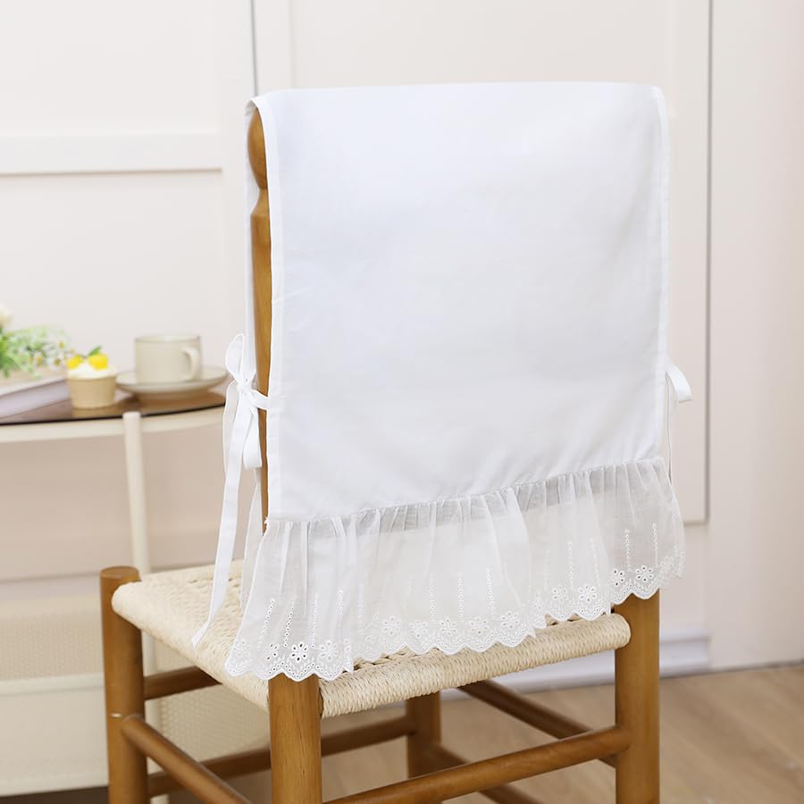 Farmhouse Ruffled Lace Chair Cover Set (1 Back Cover + 1 Seat Cover), White Dining Chair Protector with Lace Trim for Kitchen, Wedding Decor (18 Inch)