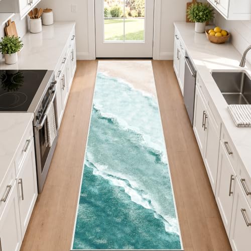 Beach Pattern 2x10ft Runner Rug Non Slip Washable Kitchen Runner Rug with Rubber Backing，Low-Pile Soft Washable Runner Rugs for Hallway Entryway Kitchen Bedroom Bathroom