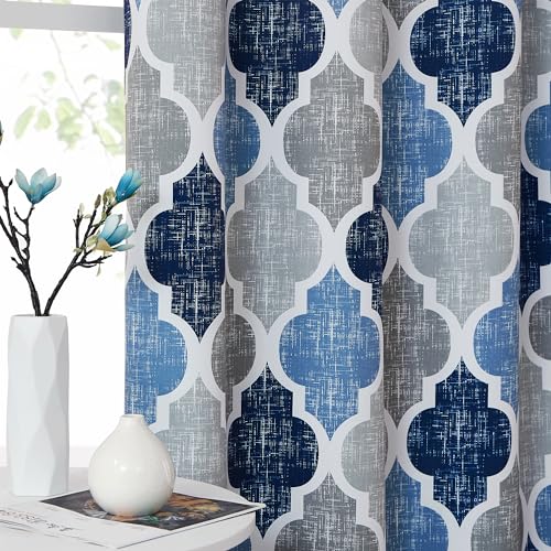 Beauoop 100% Blackout Curtains 84 Inches Long 2 Panels for Bedroom Living Room Blue Grey Moroccan Geo Room Darkening Thermal Insulated Soundproof Grommet Top Window Treatments Drapes, 50x84 Set of 2