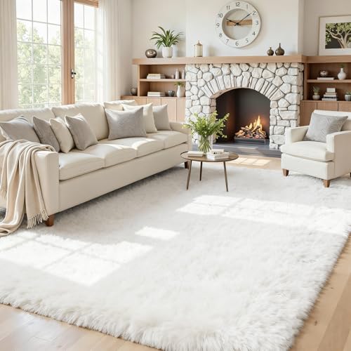 5x7 Fluffy Shag Area Rugs for Living Room Bedroom: Soft Plush Carpet White