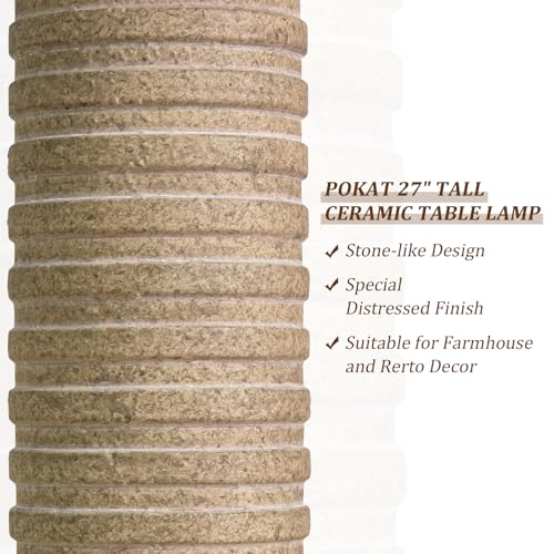 PoKat 27'' Farmhouse Table Lamps Set of 2 for Living Room, Stone-Like Bedside Lamp for Bedroom, Boho Ceramic Tall Lamps for Nightstand Office Sideboard Entryway Distressed (Antique Beige)