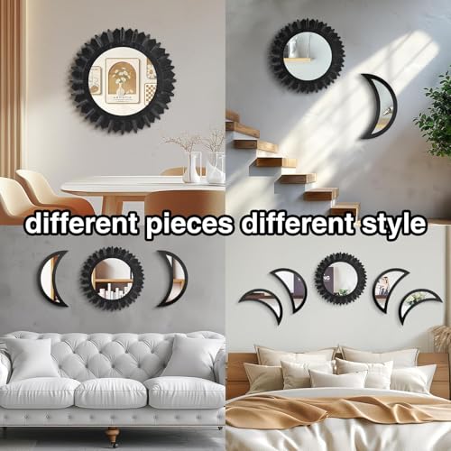 WAKOSAN Moon Phase Wall Mirror Set, 5PCS Wooden and Real Glass Mirrors | Bohemian style bedroom decor, crystal clear reflection, for living room apartment, multi-angle vertical horizontal hanging