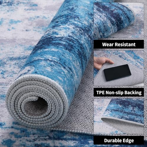 5x7 Area Rugs for Living Room, Modern Abstract Washable Carpet Blue