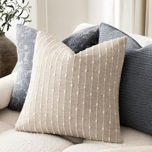 Foindtower Pack of 2 Decorative Jacquard Boucle Throw Pillow Covers Accent Textured Striped Pillowcases Soft Boho Modern Cushion for Couch Sofa Bedroom Living Room Home Decor 20x20 Inch Natural Beige