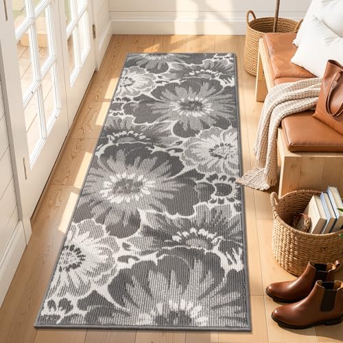 Findosom Hallway Runner Rug 2x6, Non Slip High-Low Textured Floral Washable Runner Rug with Rubber Backing, Boho Carpet Runner for Kitchen, Entryway, Bedroom, Laundry, Gray