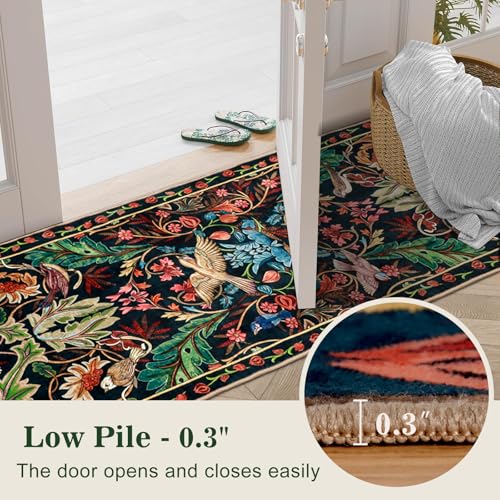 nesrt 2x10 Botanical Runners for Hallways Kitchen Rug Non Slip, Long Washable Boho Jungle Runner Rugs, Soft Floral Forest Birds Carpet Runner for Hall, Laundry, Bedroom, Bathroom (Dark Green)