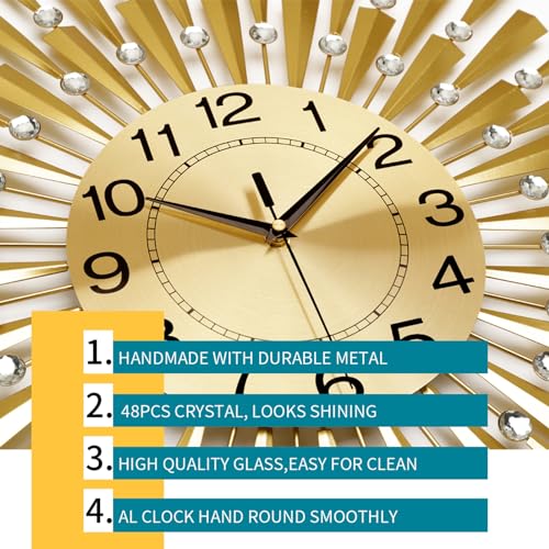 FLEBLE Large Wall Clocks for Living Room Decor Modern Gold Silent Wall Clock Battery Operated Non-Ticking for Bedroom Kitchen Office Home Decorative 24Inch Retro Crystal Clock Wall Decor for House