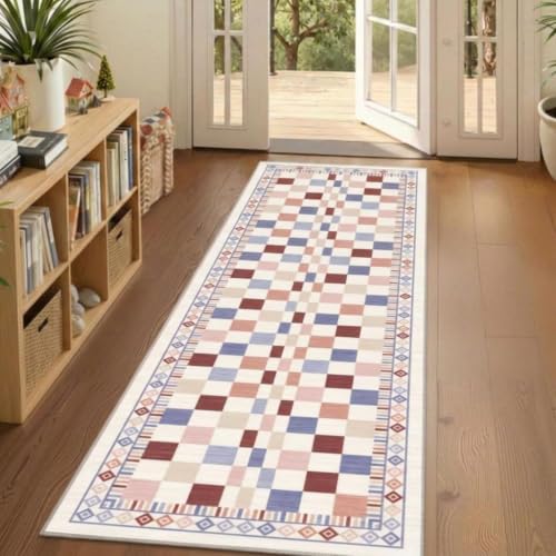 GarveeHome Runner Rug 2x6 for Bathroom Modern Checkered Bordered Accent Mat