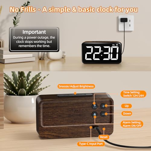 NOKLEAD Digital Alarm Clock: Wood Grain, 5.9-inch LED Display, Easy to Use for Seniors and Men, Adjustable Brightness, Aesthetic Room Decor Desk Clocks for Bedroom | Dorm | Living Room | Office
