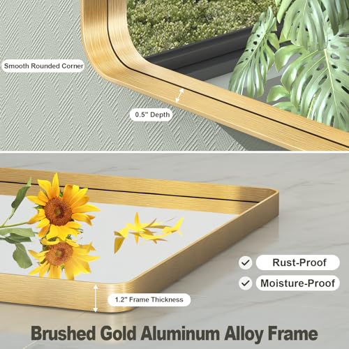 24x36 Inch Gold Framed Bathroom Mirror, Brushed Gold Metal Vanity Mirror, Gold Rectangle Mirror for Wall, Rounded Corner, Tempered Glass, Anti-Rust, Shatterproof (Horizontal/Vertical)