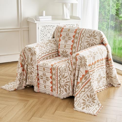 Couch Cover for Dogs Washable Sofa Cover, Sectional Couch Covers, Sofa Covers for 2 Cushion Couch, Non Slip Stripe Sofa Slipcovers Furniture Protector (Khaki Orange, 91 * 71)