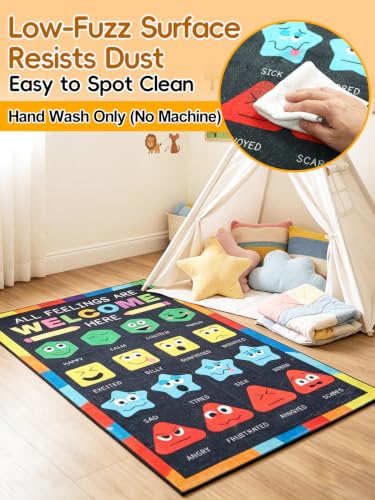 36''x60'' Calm Down Corner Supplies Classroom Rug - Non-Slip Backing with 8 Grippers, Feelings Chart Kids Reading Rug for Preschool Nursery Back to School Classroom Decor, Raibow & Black