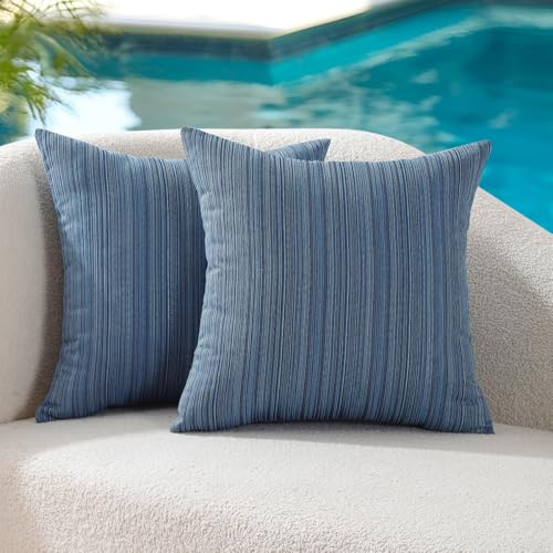 VAKADO Outdoor Chenille Pillow Covers 18x18 Set of 2,Waterproof UV Fade Resistant Stripe Patio Pillow Cushion Covers for Furniture Decorative Porch Couch Throw Pillow Cases for Garden Bench Blue