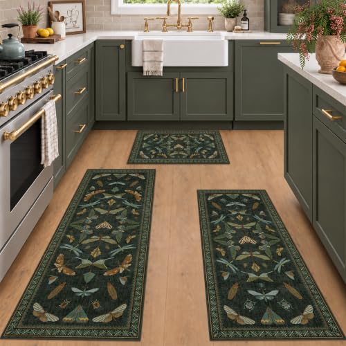 JTJ Washable Kitchen Rugs Set of 3, Dark Green Vintage Insect Kitchen Mats
