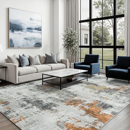 8x10 Area Rugs for Living Room: Washable Soft Grey Abstract Bedroom Carpet