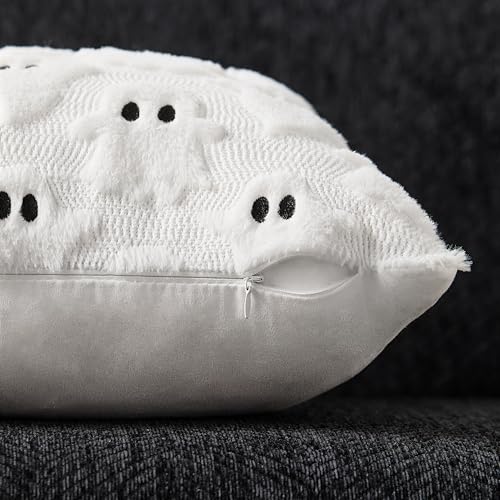 DFXSZ Halloween Pillow Covers 18x18 inch Set of 2 White Ghost Throw Pillow Cases Soft Plush Faux Fur Wool Couch Cushion Case for Chair Sofa Bedroom Living Room Home Decor PTK03A18