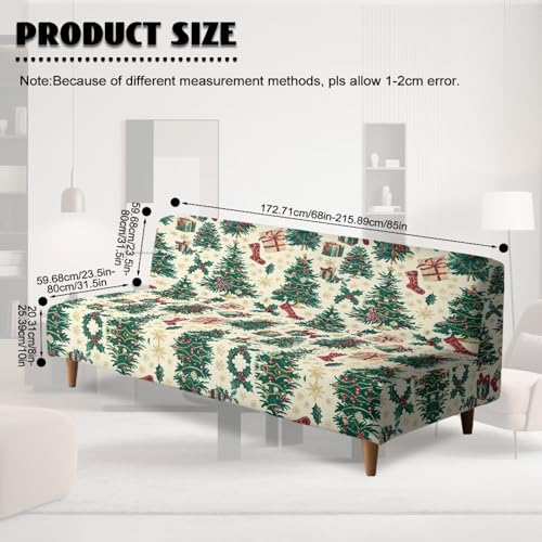 Christmas Tree Futon Cover Armless Stretch Sofa Slipcover Washable Elastic Armless Couch Furniture Protector for Bedroom Living Room Home Decor Green