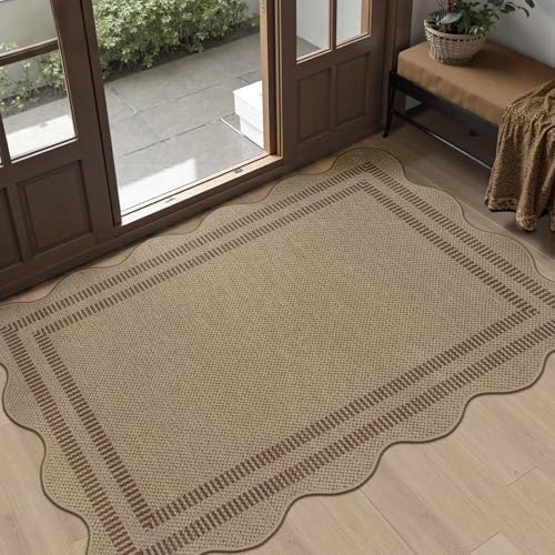Easy Jute Front Door Mat, 2.6x4 Washable Entryway Rug Non Slip Small Kitchen Rug, Farmhouse Low Pile Floor Scalloped Rugs for Bathroom Porch Doorway