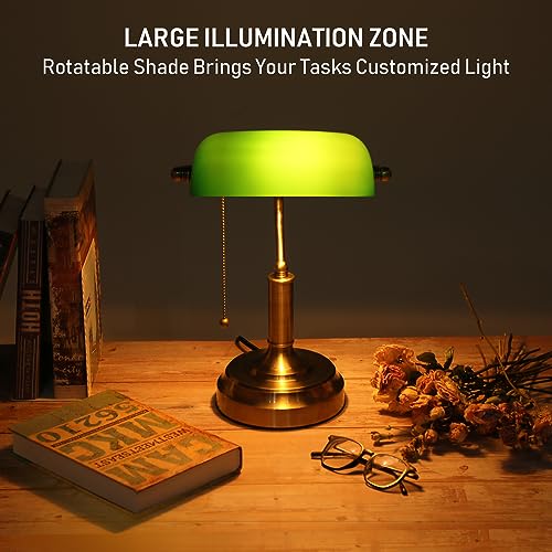 TORCHSTAR Green Glass Bankers Desk Lamp with Pull Chain, E26 Base | Brass Finish Base, Antique Traditional Library Lamp for Office Study Room, Bulbs not Included