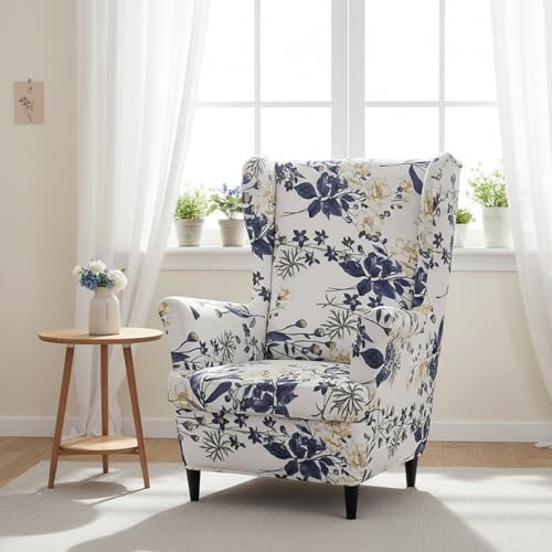 NILUOH Wingback Chair Slipcover, 2-Piece Stretch Wing Chair Cover, Washable Soft Fit Slipcover for Wingback Armchairs, Non-Slip Furniture Protector for Living Room, Flower Field