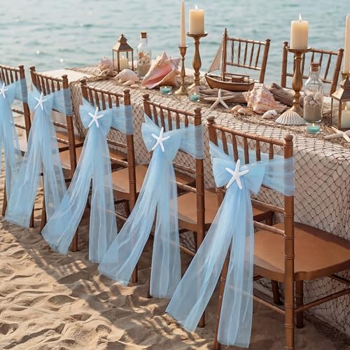 Breling 20 Pcs Coastal Wedding Chair Sashes Light Blue Starfish Beach Chair Covers Bulk 9ft Long Ocean Aisle Decorations for Outdoor Summer Seaside Wedding Party Banquet Reception