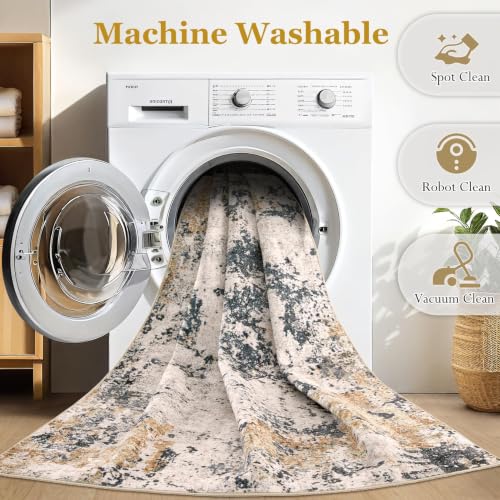 10x12 Area Rugs Living Room Abstract Washable Rug, Grey Gold